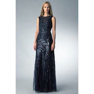 Basix Black Label Sequined Sleeveless Evening Dress In Dark Navy Blue Prom Size0